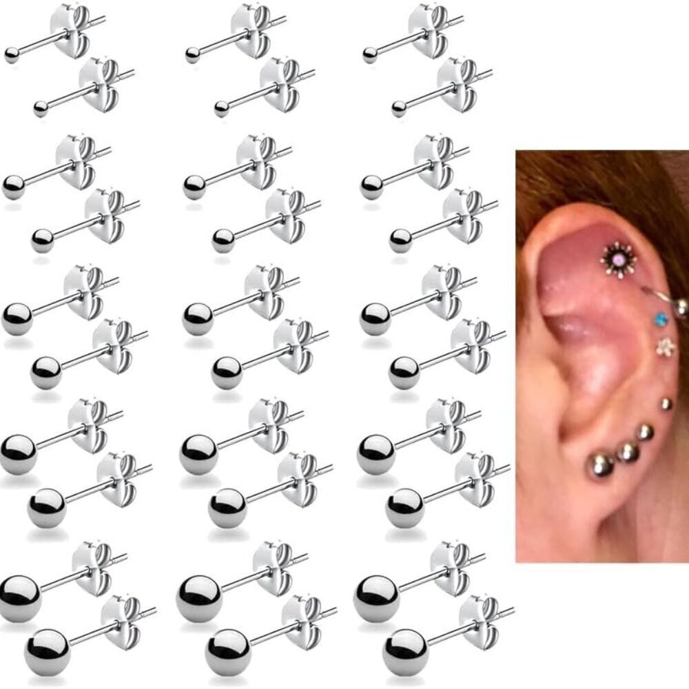 15 Pairs Stainless Steel Stud Earrings Set 2-6mm Hypoallergenic for Men Women